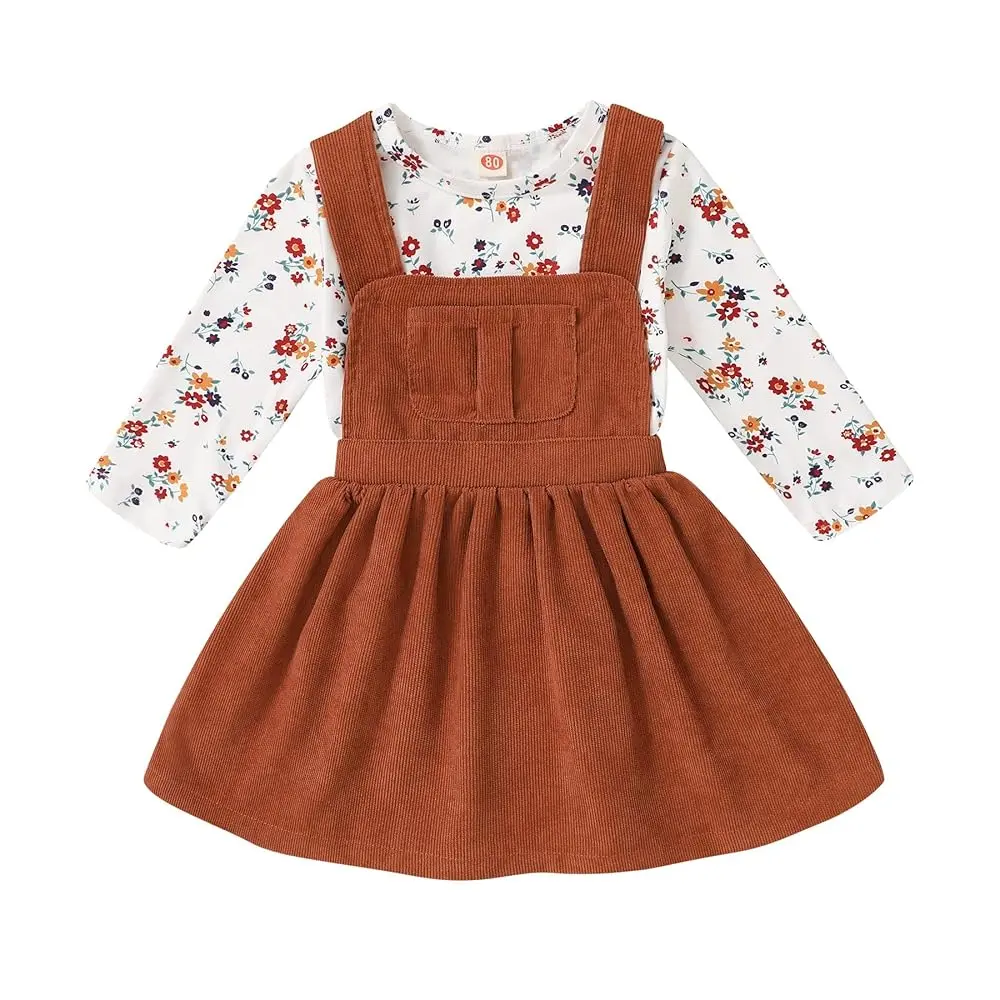 Younger Tree Toddler Baby Girl Fall Outfit Long Sleeve Stripe T-Shirt and Strap Dress Overall with One Pocket Clothes Sets，SoHo Chic