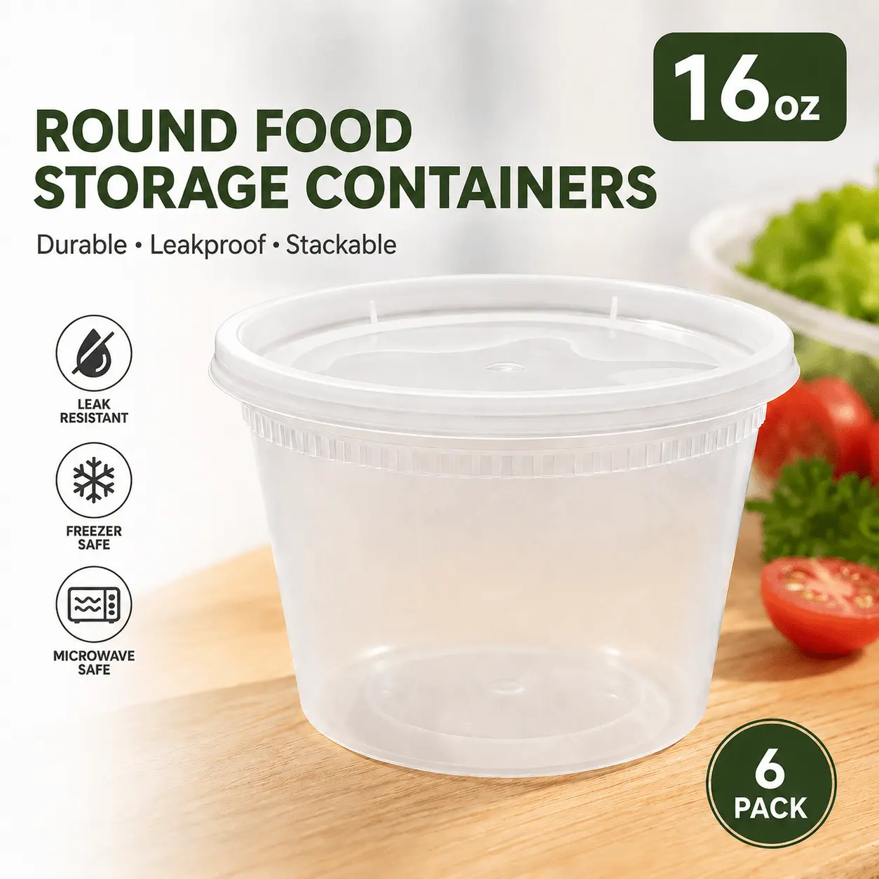 Food Storage Containers with Lids Freezer Deli Cups 6 Sets Expanded Combo Pack 16oz BPA-Free Leakproof Round Clear Takeout Meal Prep Microwavable