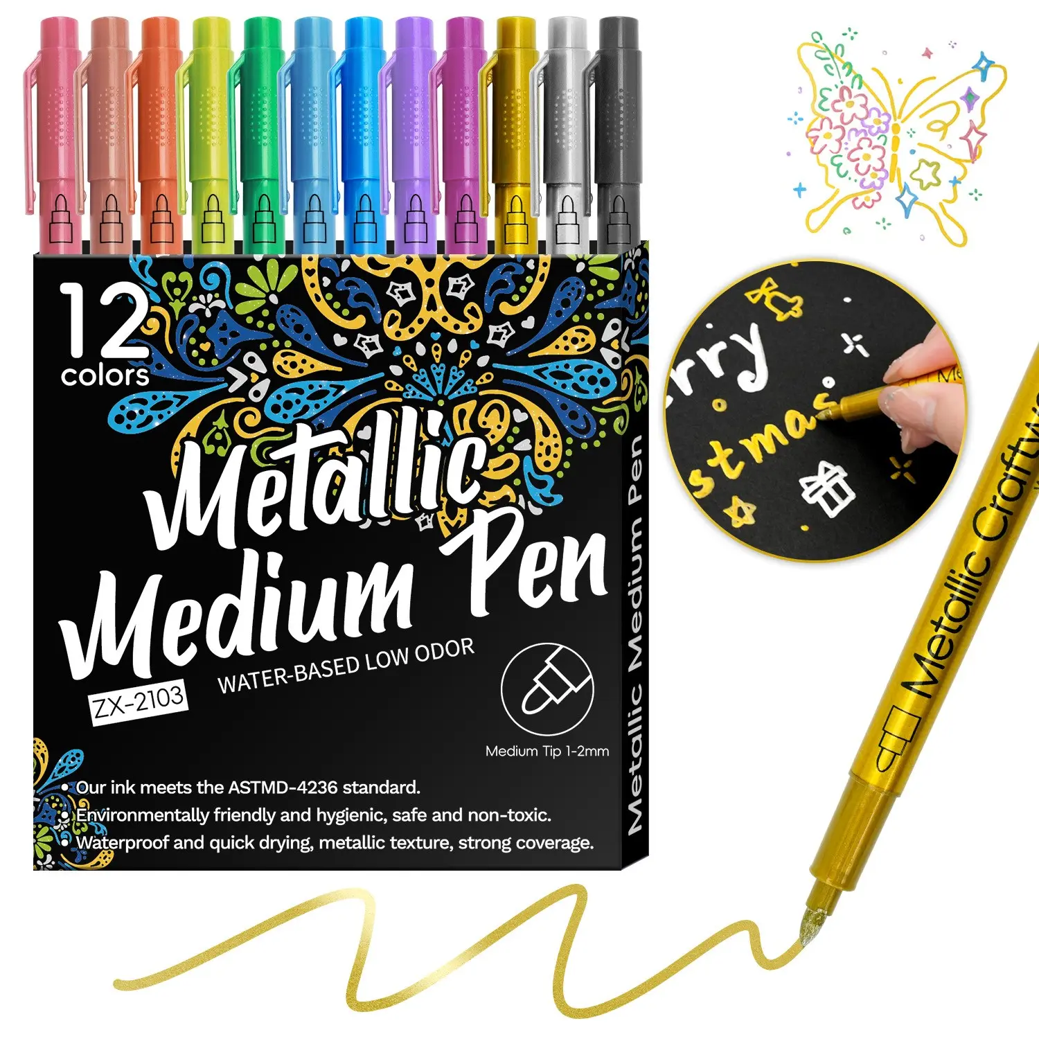 12-Pack Metal Finish Acrylic Markers, Metallic Color Signature Pens, Ideal for Ceramics, Glass, Plastic, School Office Essentials, Easter Gifts, Marker Pen Set