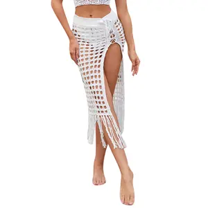 Women's crochet swimming cover skirt, hollow knitted tassel MIDI skirt, Bohemian beach summer hollow high waisted beach skirt