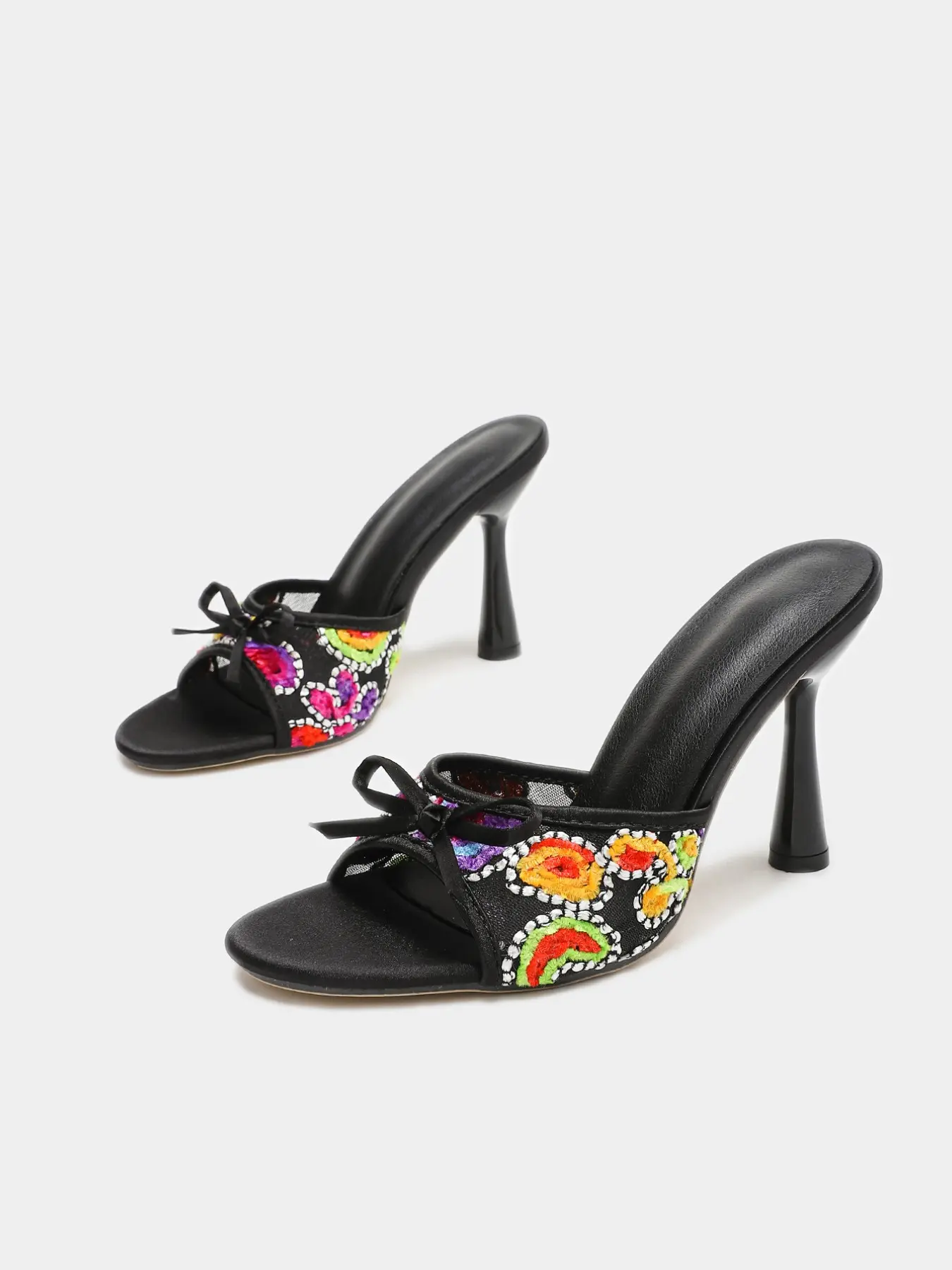Women's Summer Breathable Mesh High Heel Sandals, Fashionable Breathable Sandals, Casual Trendy Sandals, Boho Sandals, Chic Summer Footwear, Bohemian Retro Style, Butterfly Knot Embroidery, Satin, Party & Beachwear