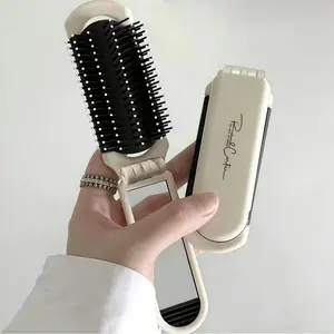 Folding Travel Hair Brush with Removable Pull-Out Mirror, Cream White Portable Pocket Hairbrush with Flexible Bristles, Lightweight Foldable Comb for Women(White)