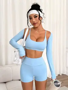 DORRIS Women's 3 Pieces Workout Set - Cropped Long Sleeve Wrap & Criss-Cross Sports Bra Set