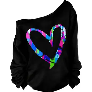 Woman’s Sweatershirt Lips Print Causal Blouse Off The Shoulder Long Sleeve Loose Slouchy Pullover Plus Size Tops