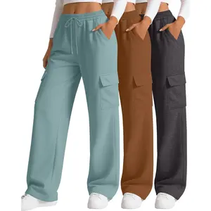 3 Pack Women's Cargo Sweatpants Wide Leg Baggy Loose Elastic Drawstring Pants Casual Athletic Joggers with 4 Pockets