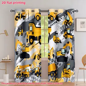 2D Flat 2Pcs Cartoon Construction Vehicle Pattern Privacy Grommet Curtains for Home Decoration, Industrial Style Digger Truck Loader Print Window Drapes Bedroom Living Room Accessory, Interior Decoration Accessories, Anti Privacy, Semi Sunshade.