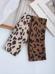 Women's Leopard Print Knitted Headband Set, Elastic Warm Wide-Brimmed Hair Band for Fall Winter Daily Use Makeup Washing Face