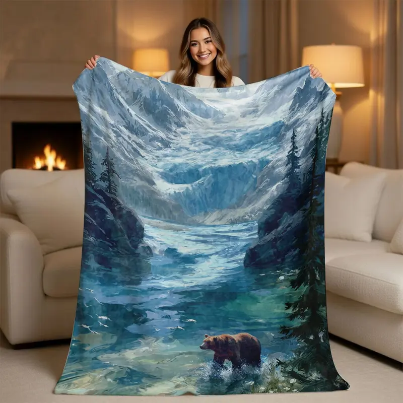 ️ Majestic Glacier Bear Blanket ️ Aesthetic Nature Landscape Throw - Cozy Mountain & Forest Room Decor - Soft Plush Fleece - Unique Gift for Outdoorsy Men & Women