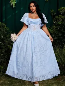 Plus Size Square Neck Ruffle Sleeve Cutout Jacquard Chiffon Elegant Vintage Cute Dress, Suitable For Vacation, Party, Gathering