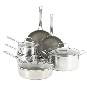 Martha Stewart Badgley Hybrid Nonstick 10 Piece TriPly Stainless Steel Pots and Pans Non-Toxic Kitchen Cookware Set - Laser Etched Non-Toxic Nonstick W/ Stay Cool Handle - Dishwasher and Induction Safe
