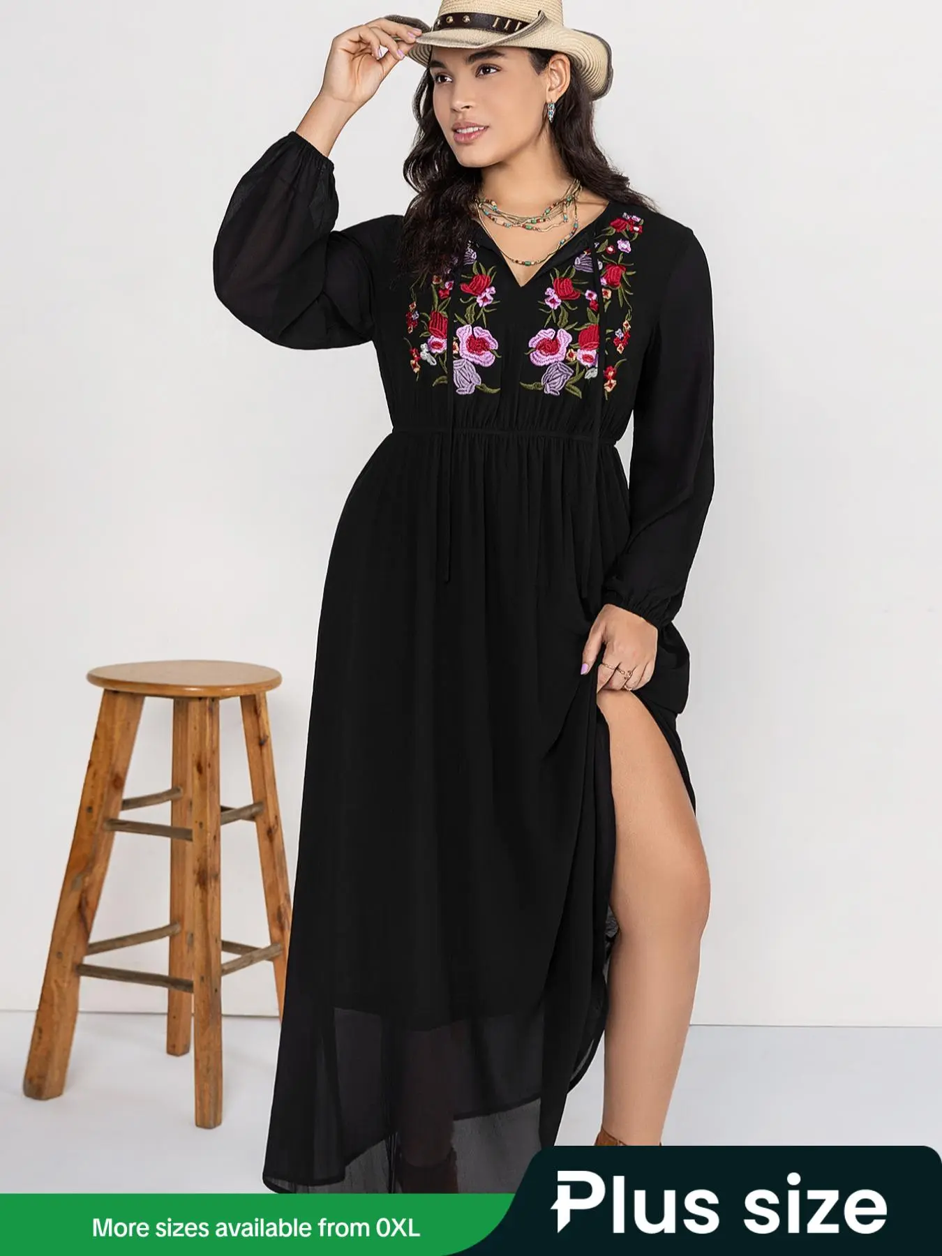 black boho dress long sleeve Bluivy Boho Floral Lace Maxi Dress with Lining in Black L