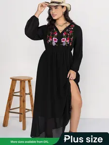 【Plus Size】 Floral Embroidery Long Sleeve Dress, Boho Dress for Beach Holiday Vacation, Women's Clothes for Summer