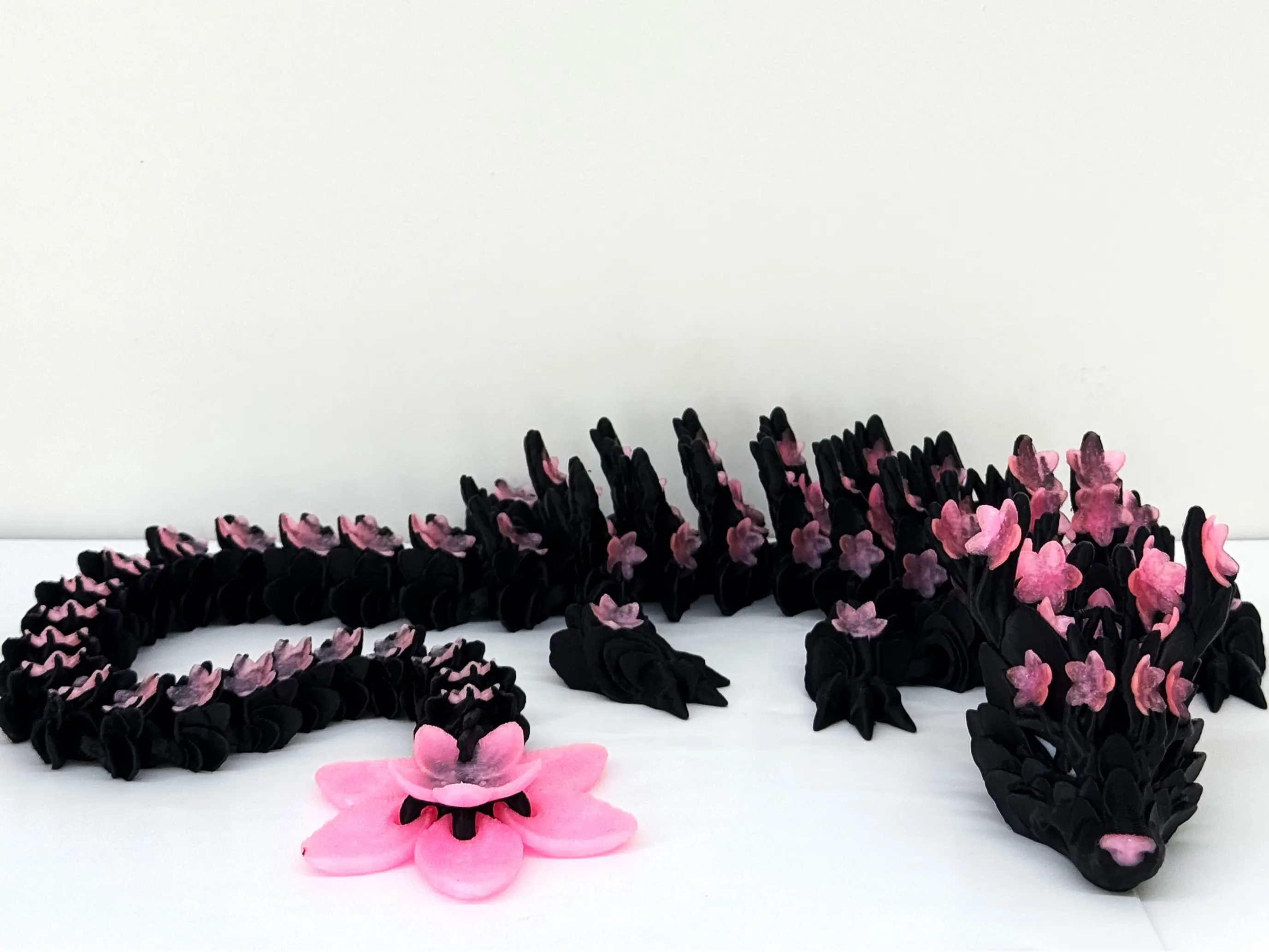 24" Articulated Cherry Blossom Dragon, 3D Printed Black and Pink Dragon Fidget ADHD Autism Toy Magical Nature-DRAGON ONLY Ornaments