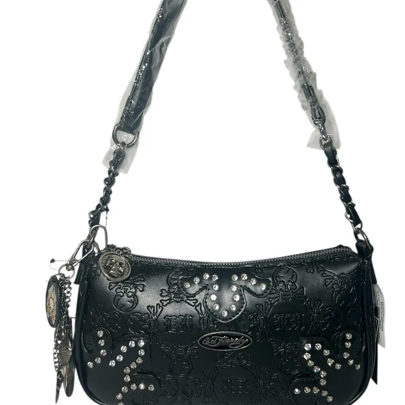 Ed Hardy Black Skull Embossed Rhinestone Y2K Shoulder Purse