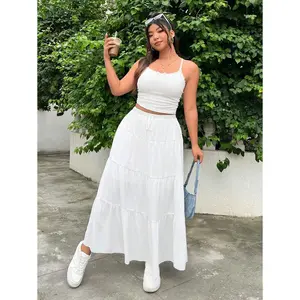 Zwear Plus Size Loose Fit White Layered Cake Knee-Length Summer Skirt