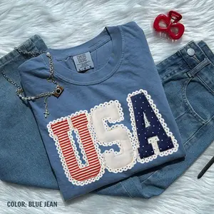 Comfort Colors PRINTED USA Preppy Coquette Patchwork T-Shirt, 4th of July Tee, America Patchwork Tee, Independence Day Gift, Gift For Her, For Woman