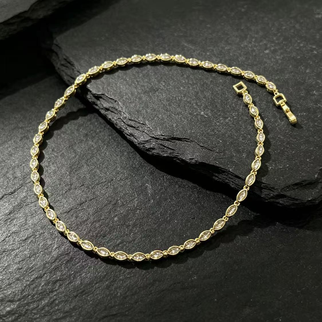 QUEENDO Marquise Cut Tennis Choker Necklace - Tarnish Resistant Polished Metal, Continuous Bezel-Set Marquise Stones, Dainty Minimalist Collarbone Chain, Everyday Layering Neck Jewelry, Affordable Luxury Style, adjustable link bracelet, daily jewelry gift