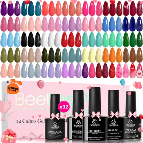 Beetles 20-32 Colors Alcohol-Free Chip-Resistant Long-Lasting Glossy Gel Nail Polish Set - Almond Nail Care Kit with Top-Base Coat, Brushes, False Tips, Nude Shades, LED Light, Colored Bottle, At-Home Salon Gift for Adults