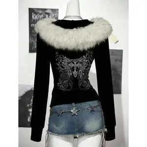 Women's Black Hoodie Coat with Wing Print, Gothic Streetwear Top for Night Out, Concert and Edgy Fashion Statement