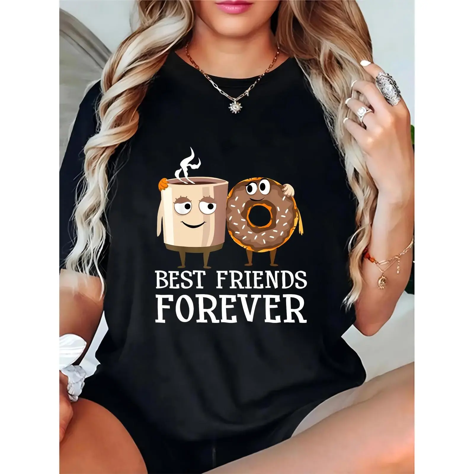 Women's Cute Coffee & Donut BFF Graphic Short-Sleeve T-Shirt - Essential, Cotton, Comfortable, Elegant, Feminine Casual Top for Ladies (Friend Hangouts, Daily Wear)