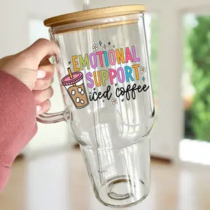 Emotional Support Iced Coffee 32oz Glass Cup with Lid and Straw - Aesthetic Drinkware with Bamboo Lid and Metal Straw Glassware Portable Tumblers
