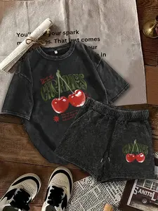 Two-piece Set Women's Cherry Print Short Sleeve Crewneck Tee & Shorts, Casual Round Neck Shortsleeve T-shirt & Shorts, Ladies Clothes for Daily Wear, Suits, Womenswear, Matching Clothing Set, Summer Clothing Set