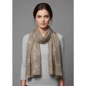 Intricate Floral Rose Embroidered Light Weight Summer Shawl Scarf Wrap Taupe