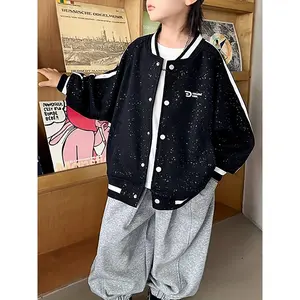 Girls' Knitting Baseball Coat - New Long-Sleeve Outerwear with Silvery Dots, Letter Designs, Snap Closure, Drop Shoulder for Spring, Autumn Outdoor Activities & Casual Use