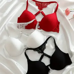 3pcs elegant lace bra set, front closure, high-support push-up design and contrasting lace trim – comfortable removable padding, feminine floral print, lingerie, fashionable lingerie, women’s lingerie, soft fabric, supportive lingerie.