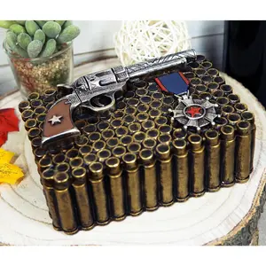 Western Six Shooter Pistol Ammo Shells Gold Tone Bullets Decorative Box 5"L