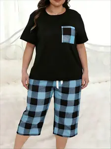 Color Block Plaid Patchwork Plus Size Women's Short Sleeve & Capri Pants Pajama Set Loungewear Casual Loose Home Two-Piece Set