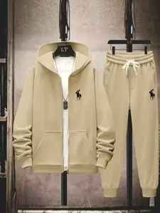 Men's Large Size Hooded Zipper Jacket Set, Geometric Pattern Letter Print, Fitted Long Sleeve, Casual Fall & Winter Wear