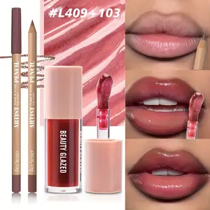 beauty glazed 2pcs/Set Velvet Texture Lip Makeup Set - Lip Liner - Lip Glaze - Waterproof Long-Lasting Matte Effect, Red, Brown, Create Moisturizing Natural Lip Makeup Lip Combo