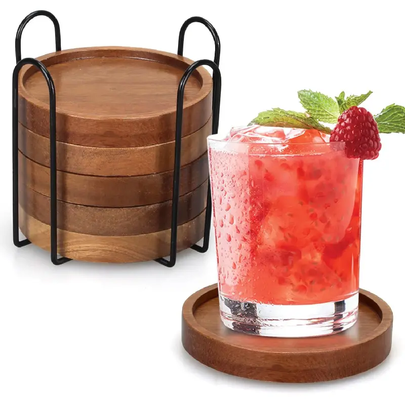 6 Pcs Best Wooden Coasters with Holder Coffee Table Coasters for Drink Acacia Wood Coaster Set Modern Cup Coasters Home Dining Table Decor Cute Beer Bar Coasters Decorative Rustic Outdoor Coasters Tableware