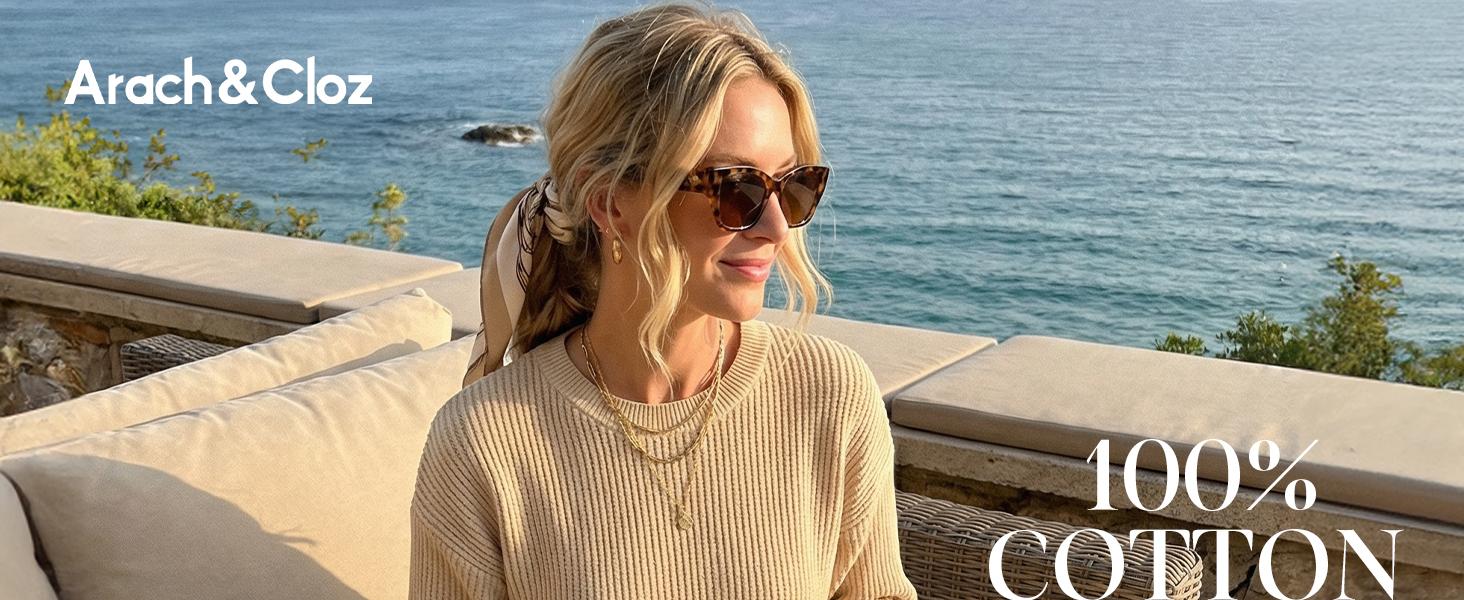 Arach&Cloz Womens 100% Cotton 3/4 Length Sleeve Sweater Crochet Tops Shirts Casual Blouses Resort Wear Summer 2026