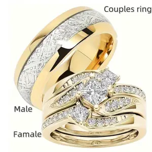 1pc titanium steel ring for men, 3pcs synthetic zirconia engagement and wedding rings set for women, suitable for engagement, wedding, anniversary