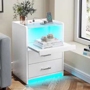 SIKAIC LED Nightstand with Charging Station, Bedside Table with Pull-Out Tray, 2 Drawers and LED Lights, Modern End Table with USB Ports Outlets