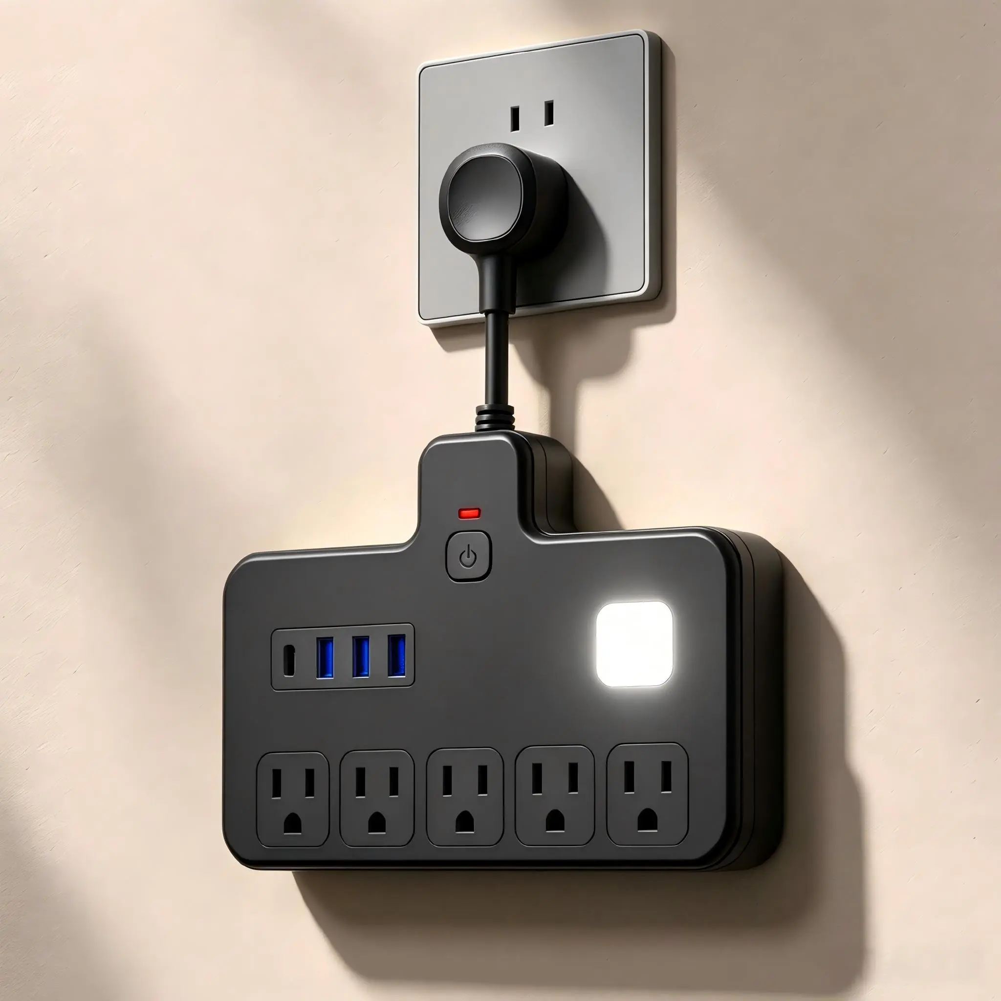 9‑in‑1 Surge Protector Portable Wall Socket Extender with LED Night Light, 5 AC Outlets, 3 USB Ports & 1 Type‑C Port, Multi‑Function Plug Expander for Bedroom Home Office