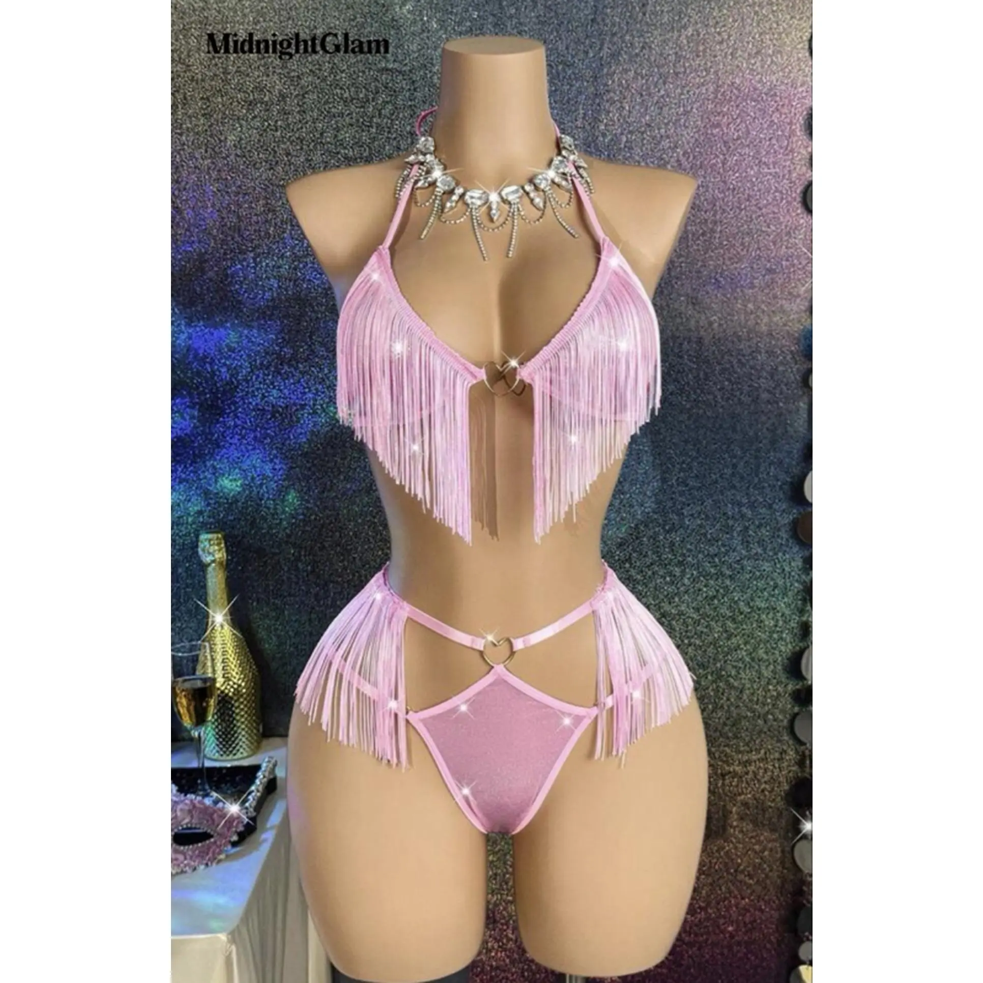 MidnightGlam Pink Rhinestone Frey Two-Piece Bathing Suit Set for Dancing Elegant and Attractive