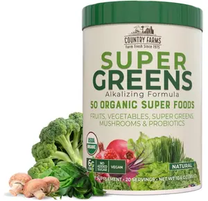 COUNTRY FARMS Super Greens Natural Flavor, 50 Organic Super Foods, Packed with Fiber, USDA Organic Drink Mix, Fruits, Vegetables, Super Greens, Mushrooms & Probiotics, Supports Energy, 6g Fiber