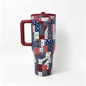 HydroJug 40oz Retro Americana Patchwork Floral Bandana Print Large Handle Tumbler, Double Wall Insulated Spill Resistant Cup, Patriotic Patch Design Travel Mug for Gym, Outdoor & Car Rides