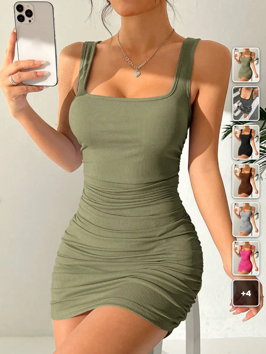 FLASH Bodycon mini dress ruched fitted sleeveless solid summer outfit going out