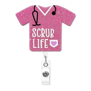 Acrylic Glitter Badge Holder, 1 Piece Cute Retractable Badge Reel, Creative ID Badge Holder with Clip for Nurse Doctor Student Worker Volunteer, Scrub Life Badge
