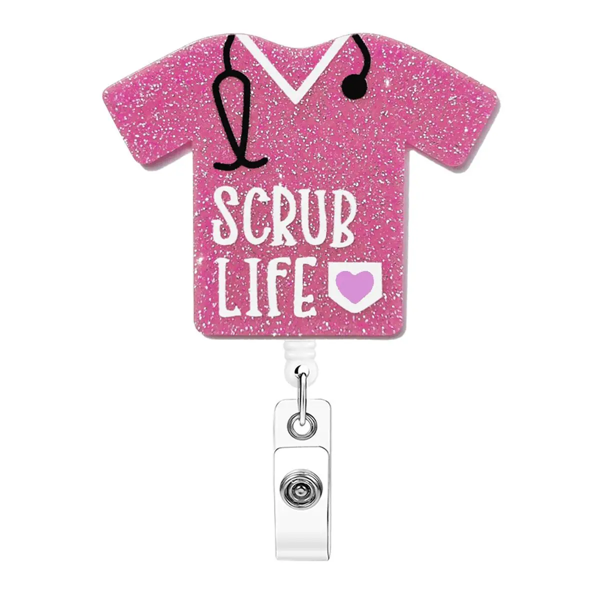 Acrylic Glitter Badge Reels, 1 Count Cute Retractable Badge Reel, Creative ID Badge Holder with Clip for Nurse Doctor Student Worker Volunteer, Office