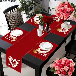 2D flat printing, 1 piece/4 pieces/6 pieces/8 pieces/5 pieces set/7 pieces table flag and placemat Valentine's Day set, anniversary, wedding, suitable for family gatherings, holiday parties, indoor and outdoor dining table decoration