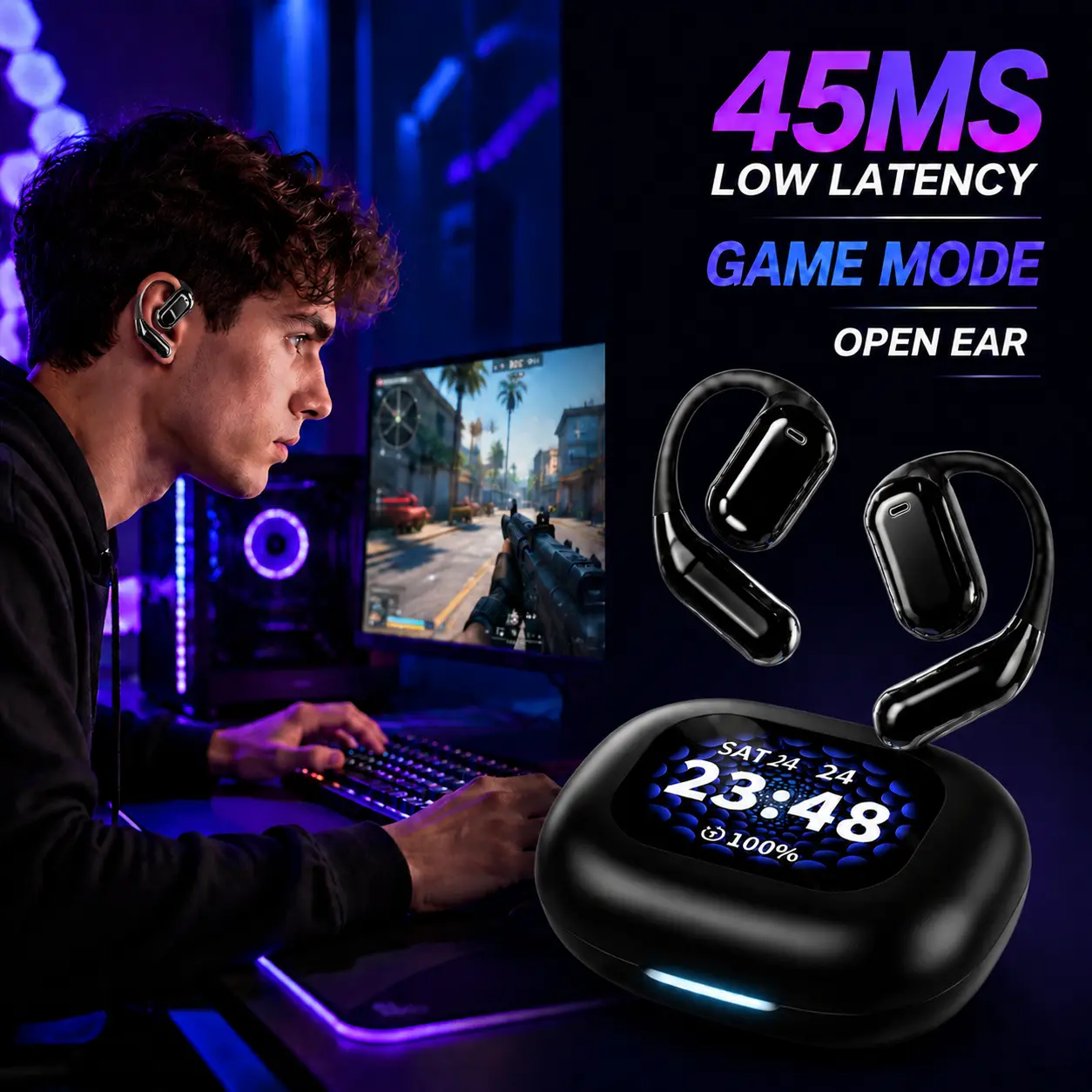 Gaming Earbuds with Smart Touch Screen, 45ms Low Latency Wireless Ear Clip Headphones, Open Ear Bluetooth 5.4 Headphones, HiFi Stereo Sound, IPX5 Sweatproof
