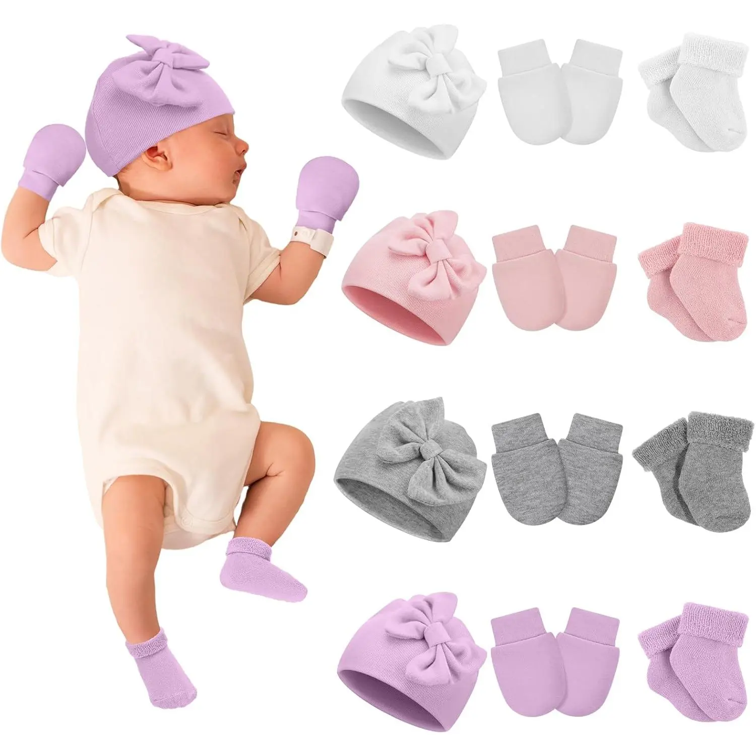 12-Piece Preemie Layette Set, Unisex Variety Gift with Bow Knot Hats, No-Scratch Mittens, and Warm Terry Socks for NICU, Fits 3-7lbs, Newborn Gift Set, Variety Gift Set