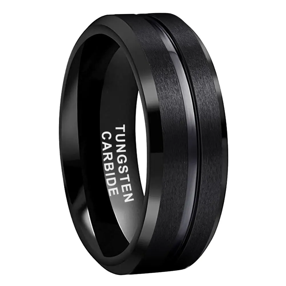 Yonifu 8MM Black Plated Tungsten Engagement Ring Sandblasted Groove Wedding Band Rings for Men