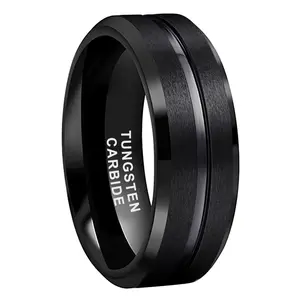 Yonifu 8MM Black Plated Tungsten Engagement Ring Sandblasted Groove Wedding Band Rings for Men