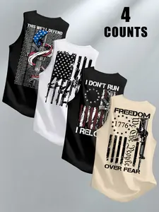 Men's Usa Flag Gun 1776 Print Sleeveless Vest, Menswear, Trendy Street Style, Perfect Gift, Summer Fashion Essential, 4-Piece Set